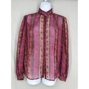 70s Vintage Top Womens Small Pink Paisley Striped Floral Button Chiffon Ruffle
